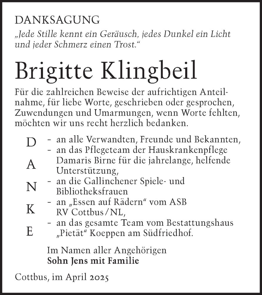  Traueranzeige für Brigitte Klingbeil vom 03.05.2025 aus Lausitzer Rundschau