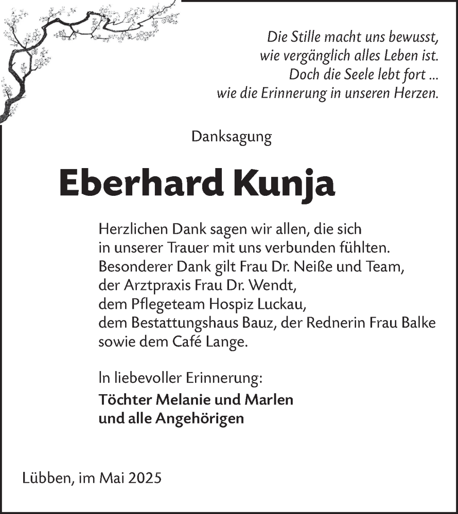  Traueranzeige für Eberhard Kunja vom 17.05.2025 aus Lausitzer Rundschau