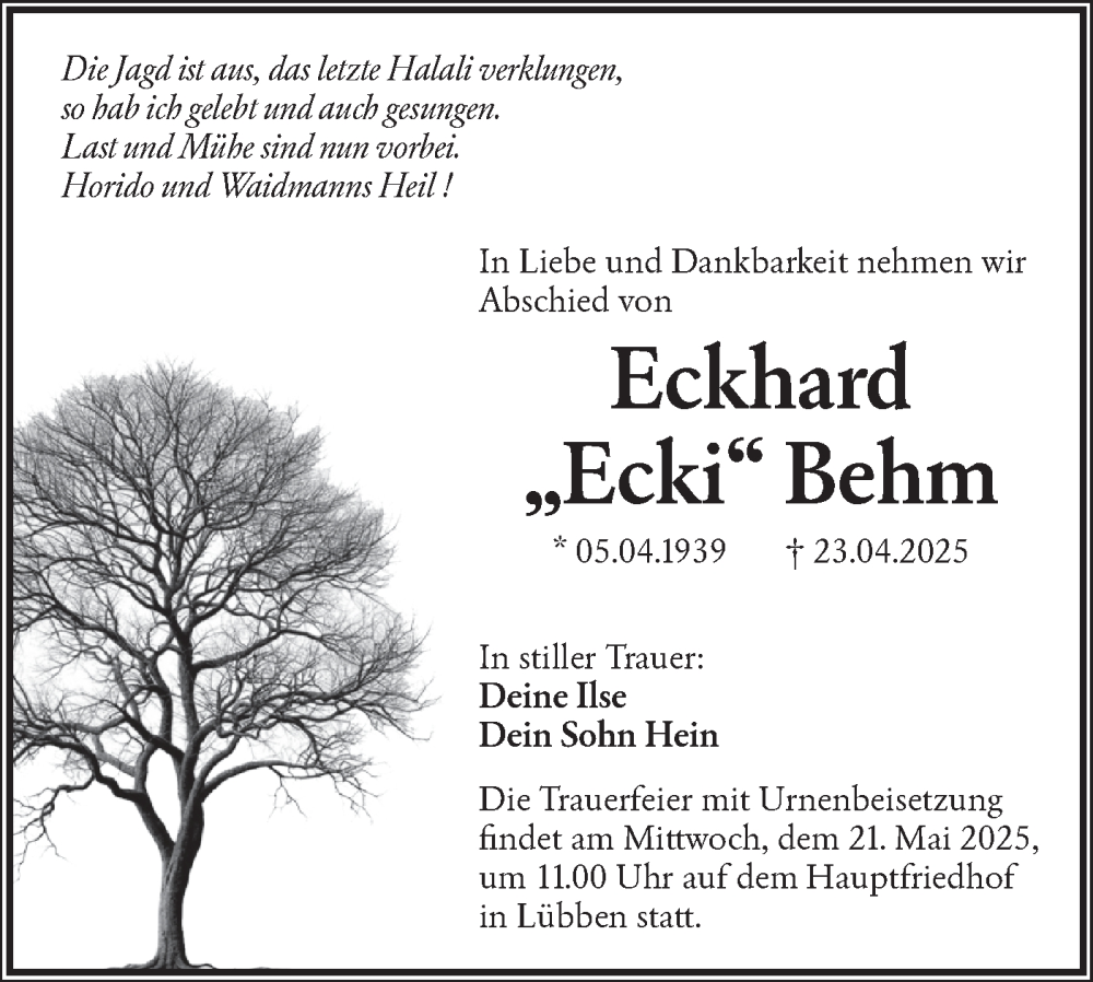  Traueranzeige für Eckhard Behm vom 03.05.2025 aus Lausitzer Rundschau
