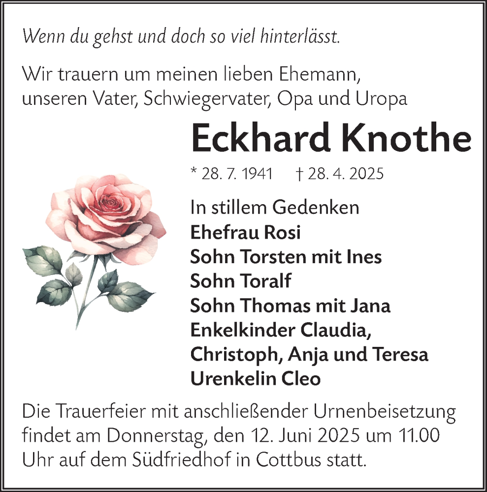  Traueranzeige für Eckhard Knothe vom 17.05.2025 aus Lausitzer Rundschau