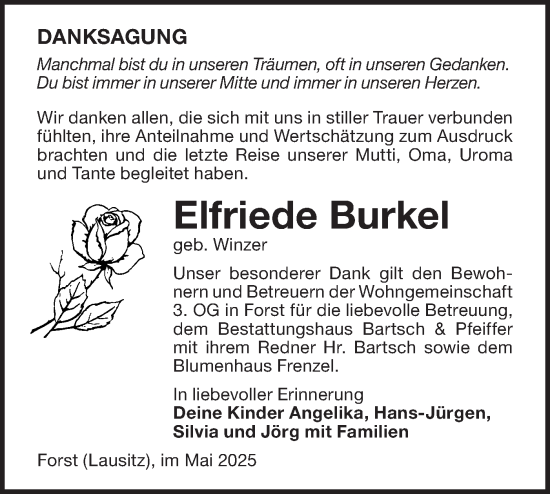 Traueranzeige von Elfriede Burkel von Lausitzer Rundschau