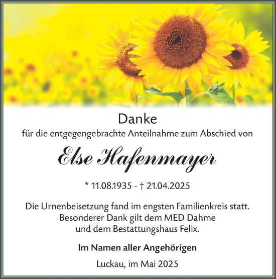 Traueranzeige von Else Hafenmayer von Lausitzer Rundschau