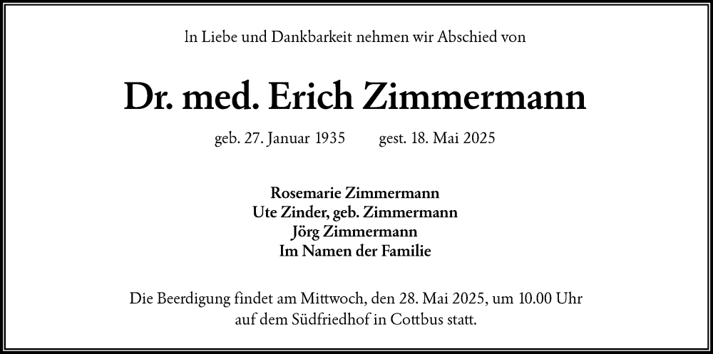  Traueranzeige für Erich Zimmermann vom 24.05.2025 aus Lausitzer Rundschau