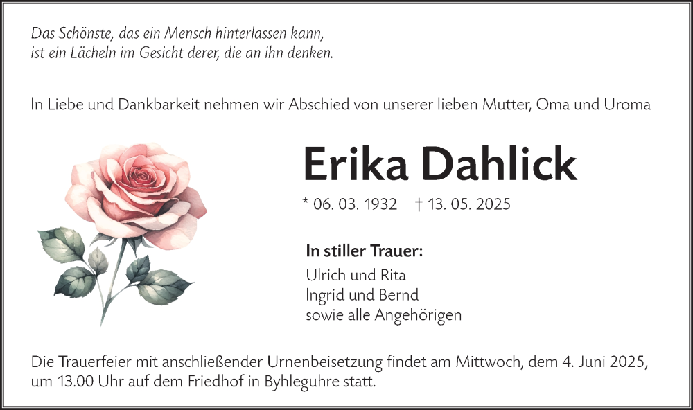  Traueranzeige für Erika Dahlick vom 24.05.2025 aus Lausitzer Rundschau