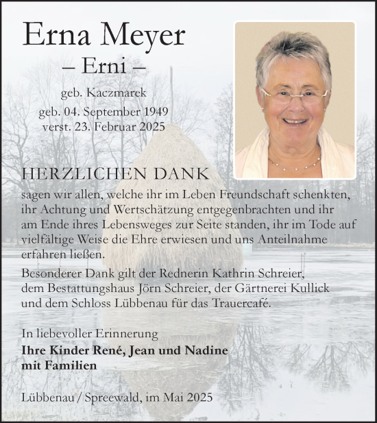 Traueranzeige von Erna Meyer von Lausitzer Rundschau