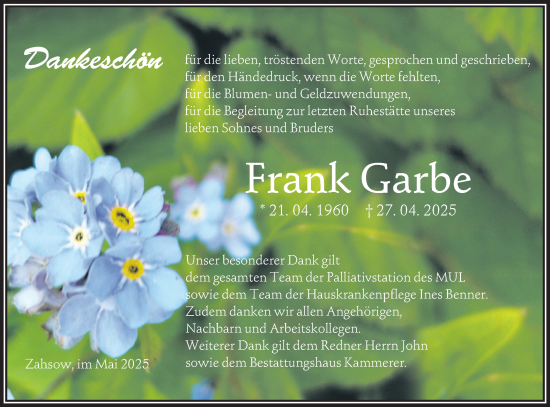 Traueranzeige von Frank Garbe von Lausitzer Rundschau
