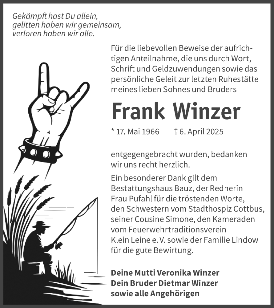  Traueranzeige für Frank Winzer vom 17.05.2025 aus Lausitzer Rundschau