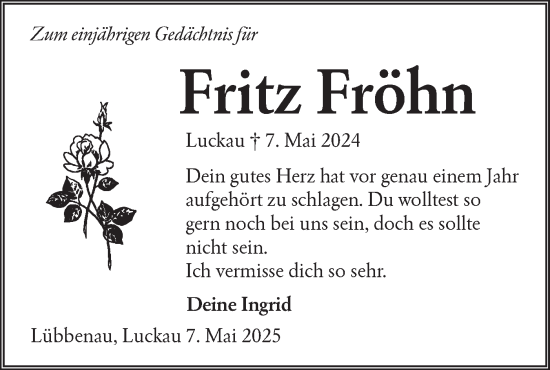 Traueranzeige von Fritz Fröhn von Lausitzer Rundschau