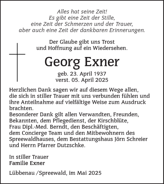 Traueranzeige von Georg Exner von Lausitzer Rundschau