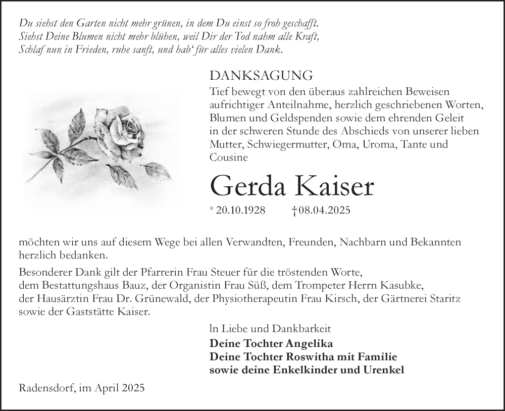  Traueranzeige für Gerda Kaiser vom 03.05.2025 aus Lausitzer Rundschau