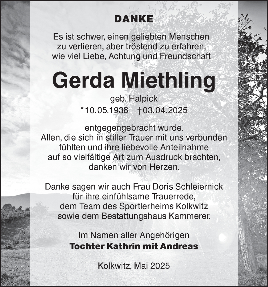  Traueranzeige für Gerda Miethling vom 17.05.2025 aus Lausitzer Rundschau
