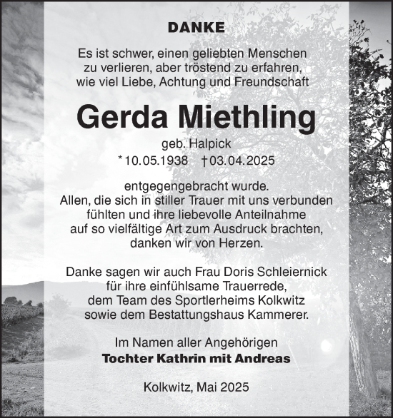 Traueranzeige von Gerda Miethling von Lausitzer Rundschau