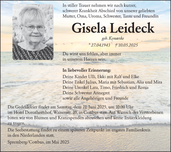 Traueranzeige von Gisela Leideck von Lausitzer Rundschau