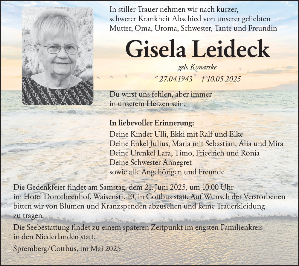  Traueranzeige für Gisela Leideck vom 31.05.2025 aus Lausitzer Rundschau