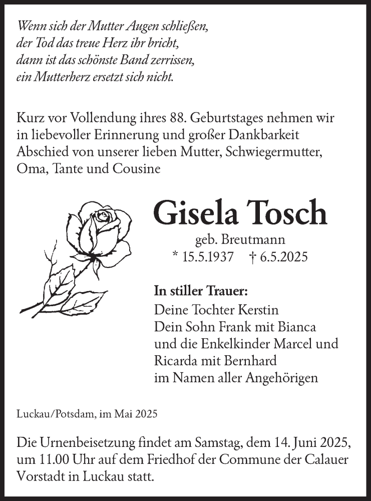  Traueranzeige für Gisela Tosch vom 17.05.2025 aus Lausitzer Rundschau