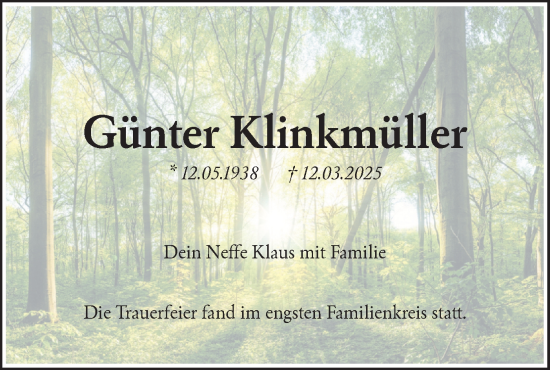 Traueranzeige von Günter Klinkmüller von Lausitzer Rundschau