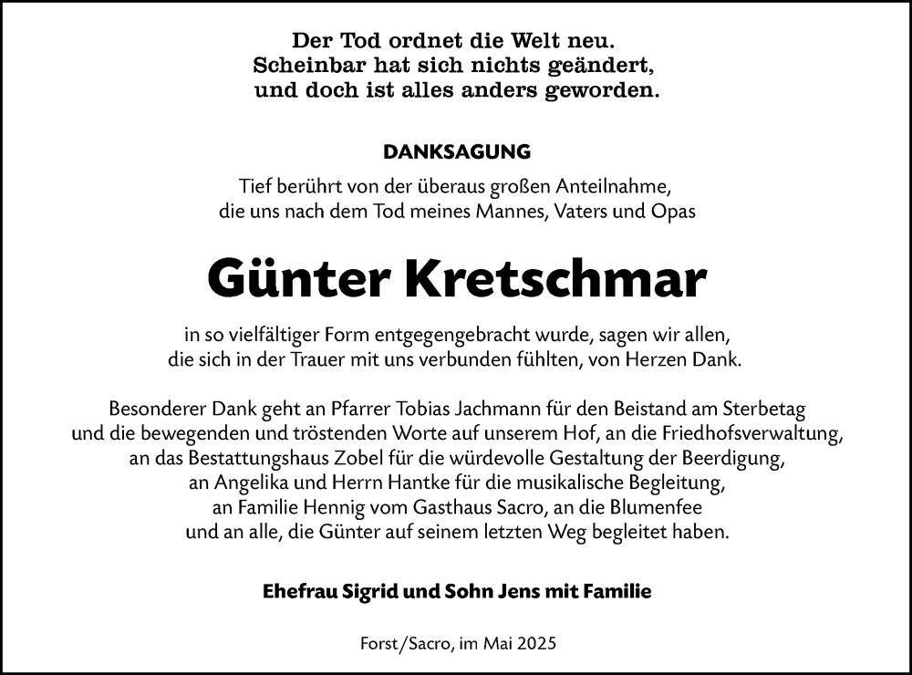  Traueranzeige für Günter Kretschmar vom 31.05.2025 aus Lausitzer Rundschau