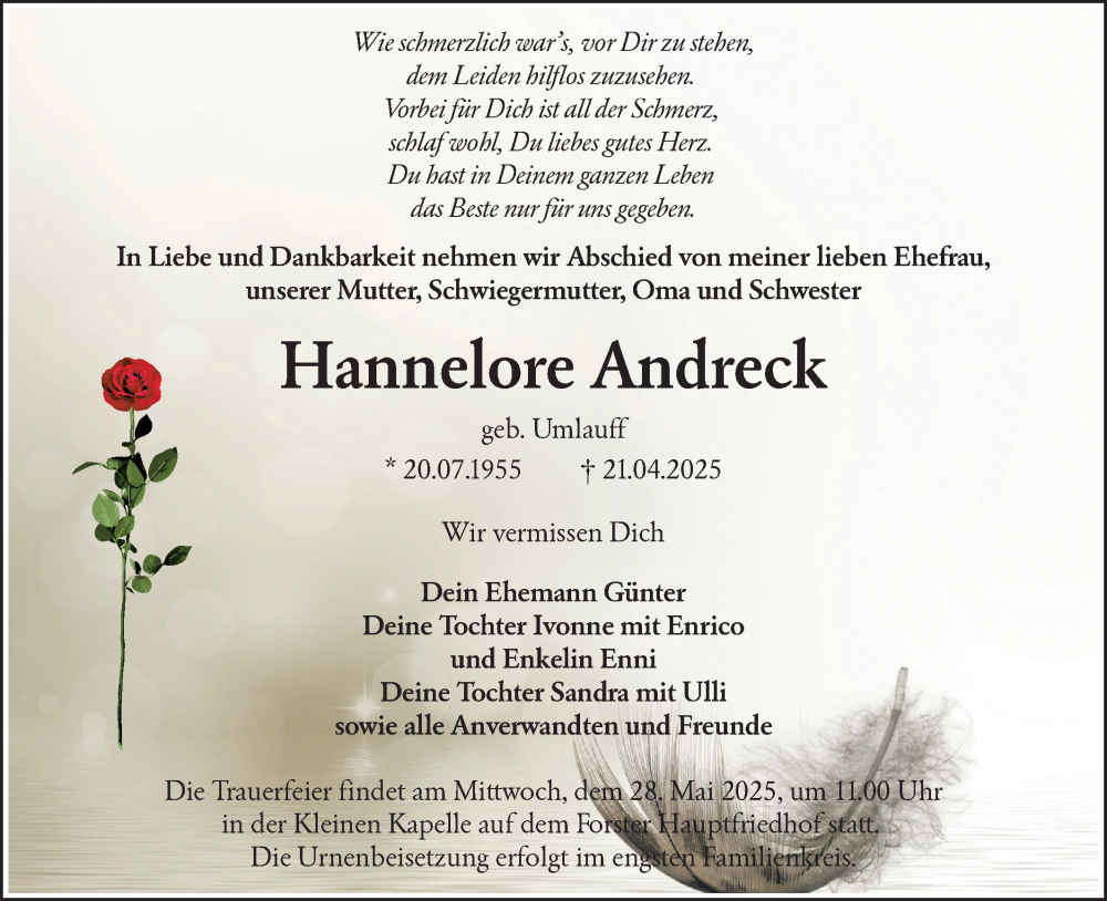  Traueranzeige für Hannelore Andreck vom 17.05.2025 aus Lausitzer Rundschau