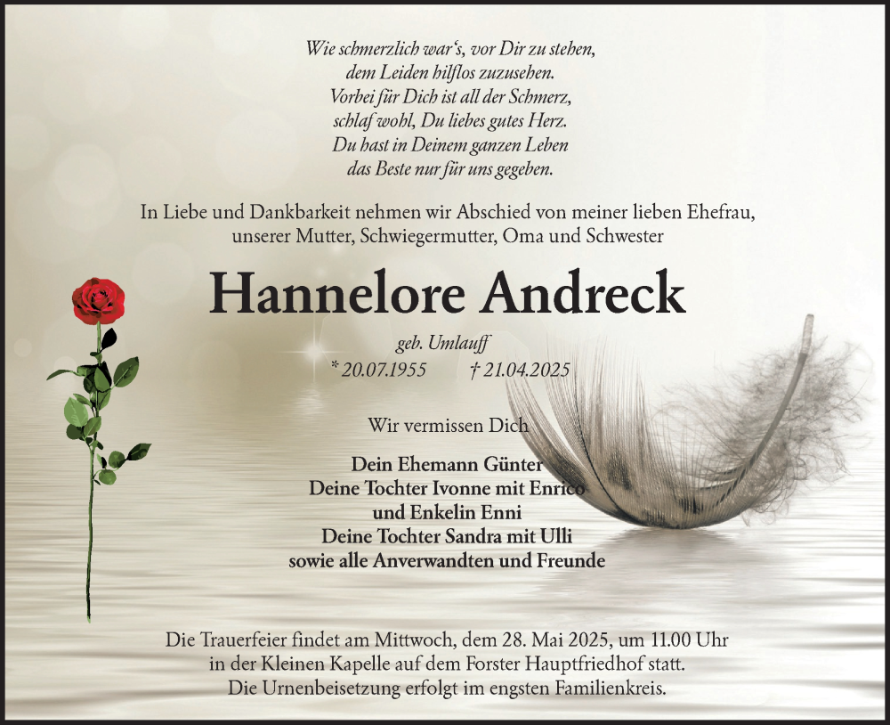  Traueranzeige für Hannelore Andreck vom 24.05.2025 aus Lausitzer Rundschau