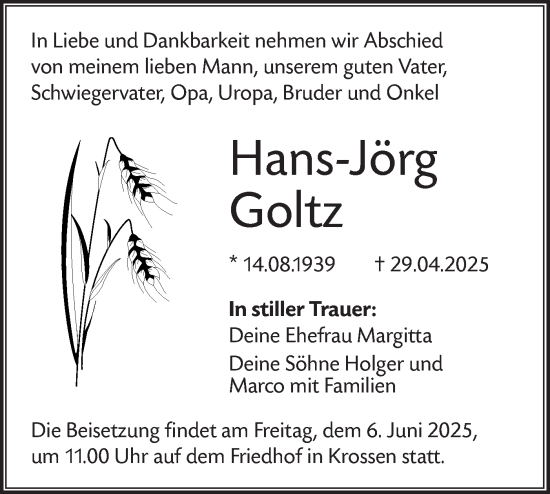 Traueranzeige von Hans-Jörg Goltz von Lausitzer Rundschau