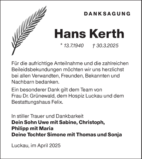 Traueranzeige von Hans Kerth von Lausitzer Rundschau