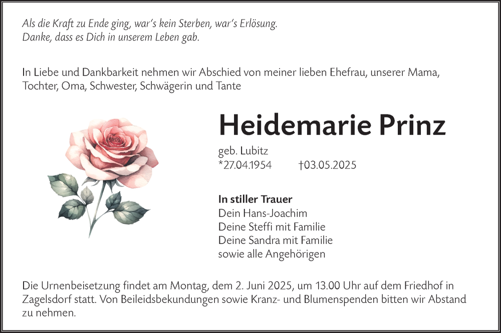  Traueranzeige für Heidemarie Prinz vom 17.05.2025 aus Lausitzer Rundschau