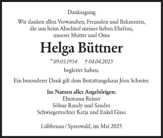 Traueranzeige von Helga Büttner von Lausitzer Rundschau