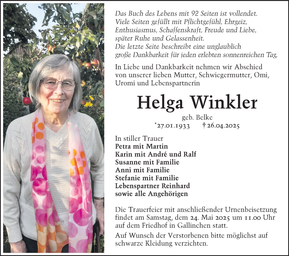  Traueranzeige für Helga Winkler vom 10.05.2025 aus Lausitzer Rundschau
