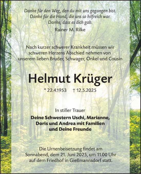 Traueranzeige von Helmut Krüger von Lausitzer Rundschau