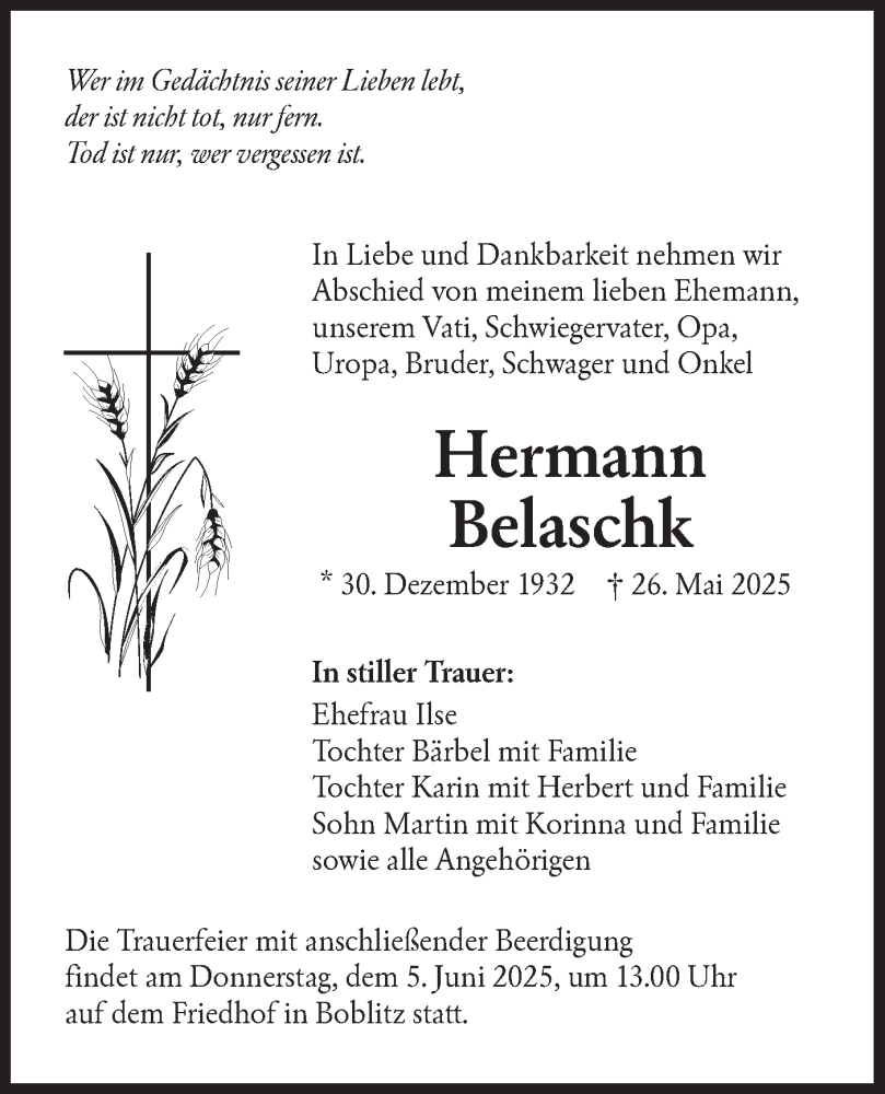  Traueranzeige für Hermann Belaschk vom 31.05.2025 aus Lausitzer Rundschau