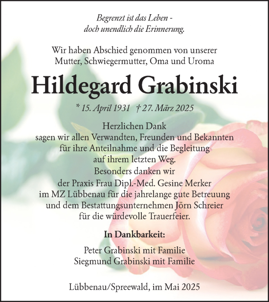 Traueranzeige von Hildegard Grabinski von Lausitzer Rundschau