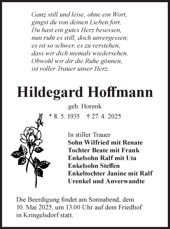 Traueranzeige von Hildegard Hoffmann von Lausitzer Rundschau