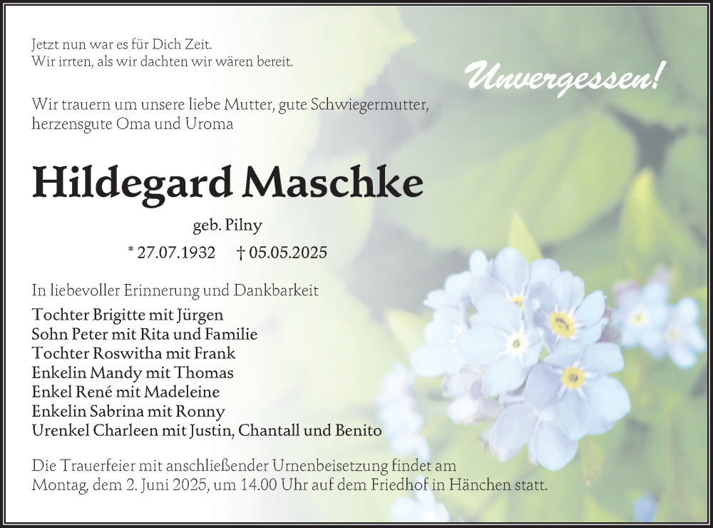  Traueranzeige für Hildegard Maschke vom 24.05.2025 aus Lausitzer Rundschau
