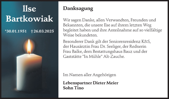 Traueranzeige von Ilse Bartkowiak von Lausitzer Rundschau