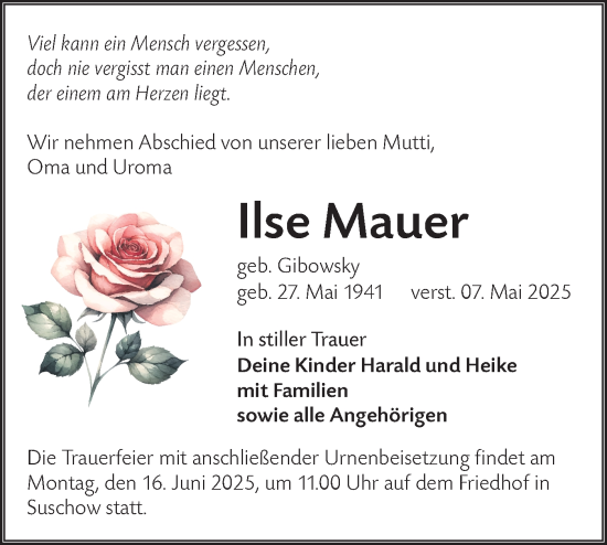 Traueranzeige von Ilse Mauer von Lausitzer Rundschau