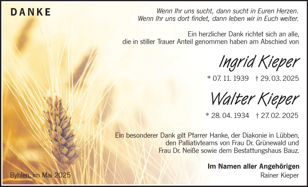  Traueranzeige für Ingrid und Walter Kieper vom 24.05.2025 aus Lausitzer Rundschau