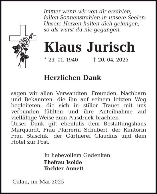 Traueranzeige von Klaus Jurisch von Lausitzer Rundschau
