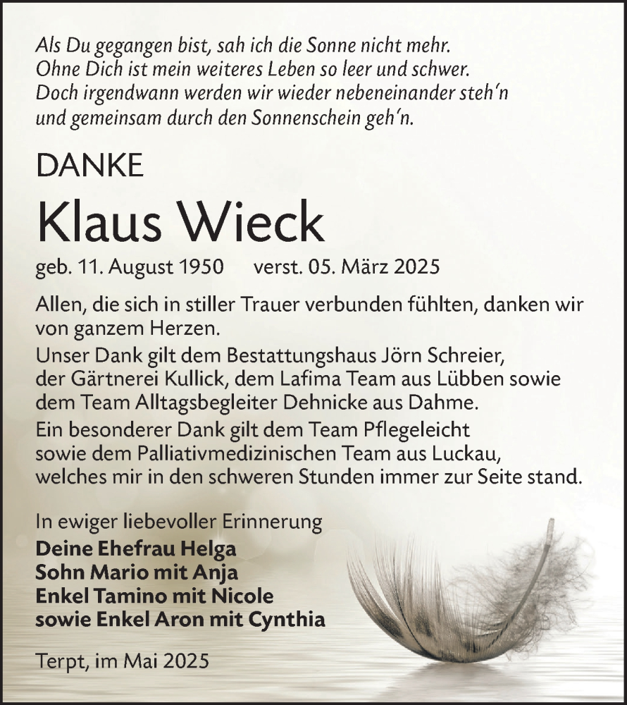  Traueranzeige für Klaus Wieck vom 10.05.2025 aus Lausitzer Rundschau