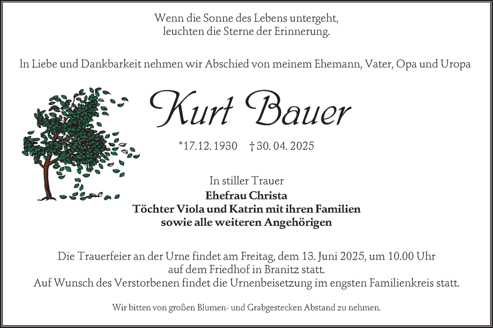  Traueranzeige für Kurt Bauer vom 17.05.2025 aus Lausitzer Rundschau