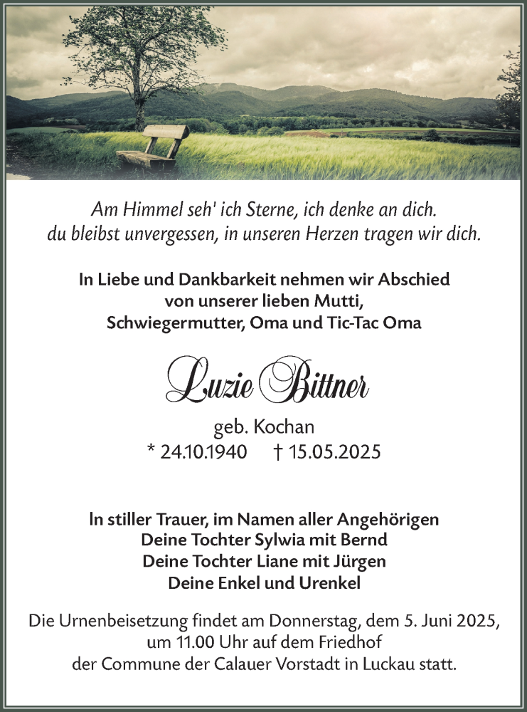  Traueranzeige für Luzie Bittner vom 24.05.2025 aus Lausitzer Rundschau
