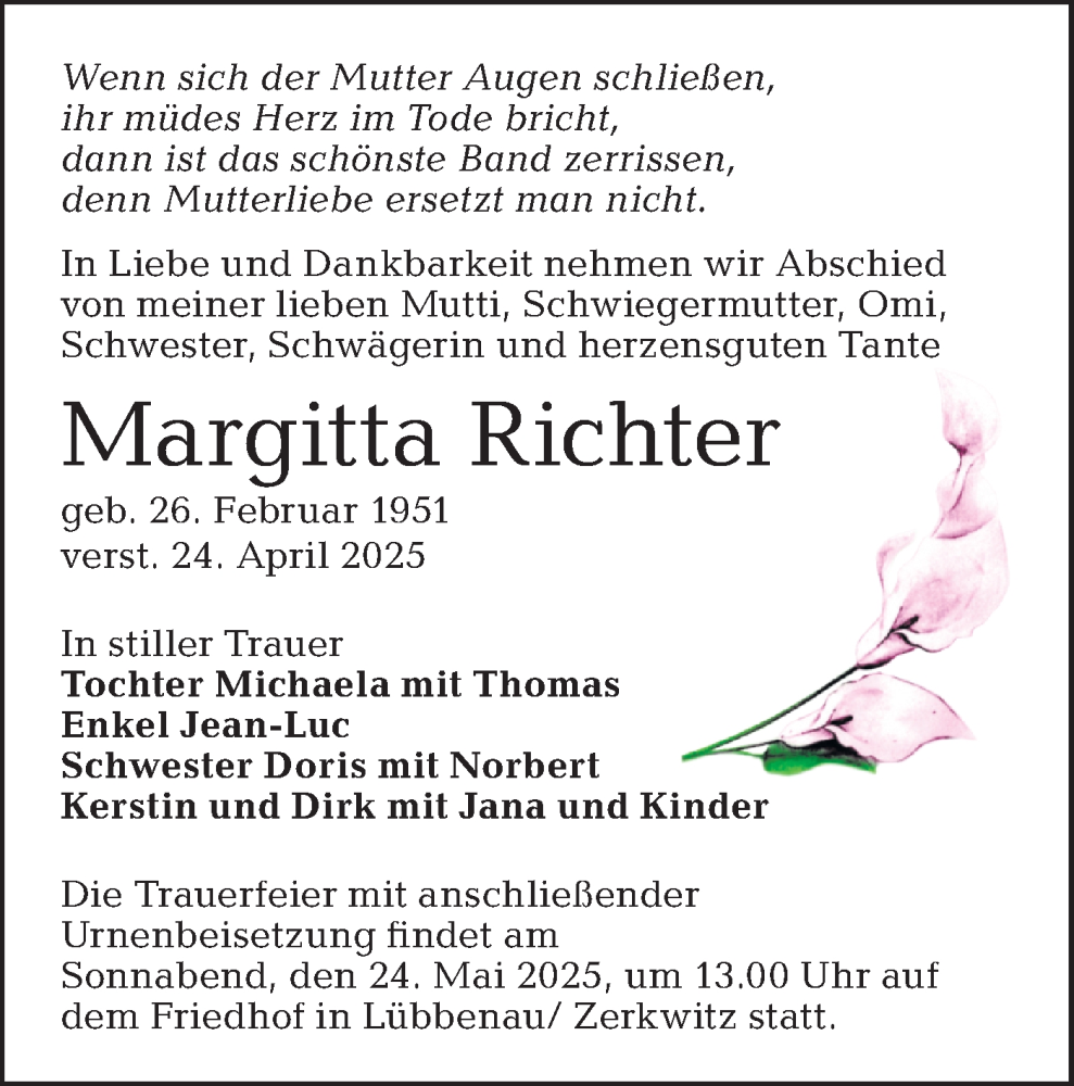  Traueranzeige für Margitta Richter vom 10.05.2025 aus Lausitzer Rundschau