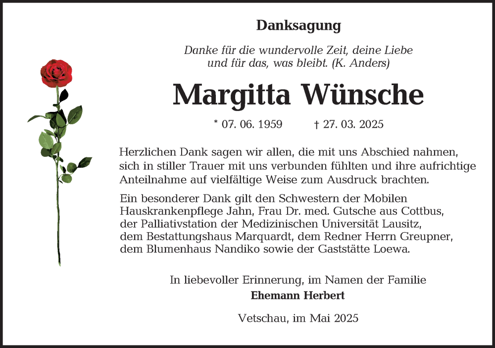  Traueranzeige für Margitta Wünsche vom 24.05.2025 aus Lausitzer Rundschau