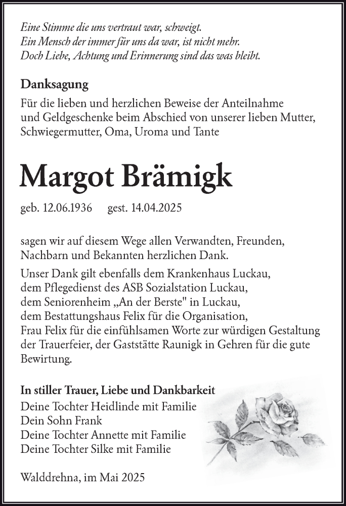  Traueranzeige für Margot Brämigk vom 17.05.2025 aus Lausitzer Rundschau