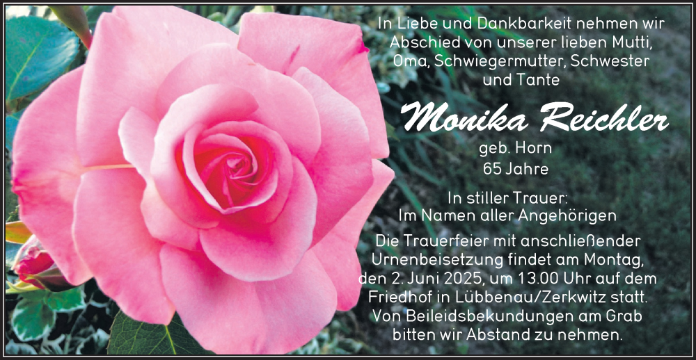 Traueranzeige für Monika Reichler vom 24.05.2025 aus Lausitzer Rundschau