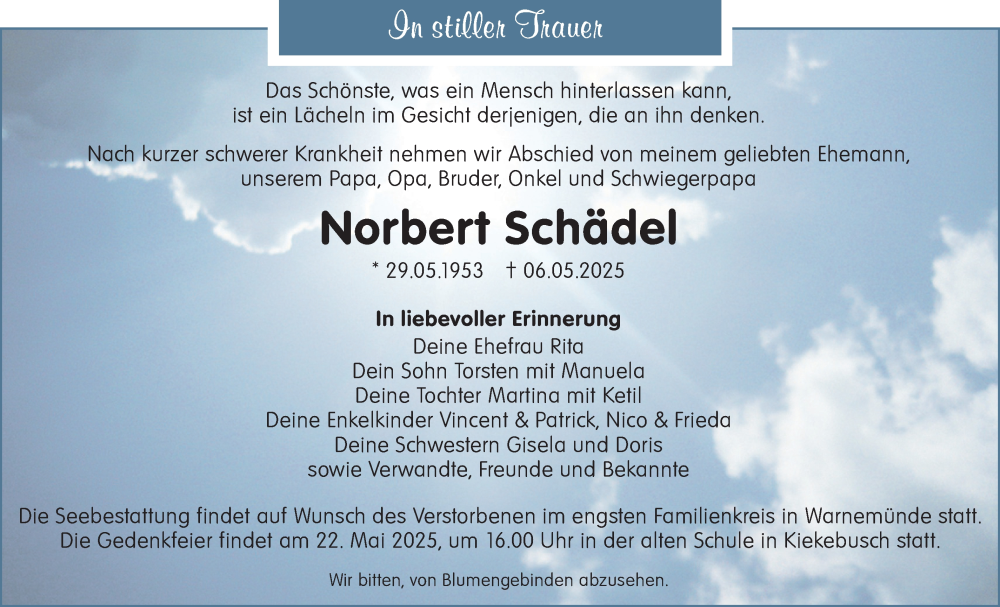  Traueranzeige für Norbert Schädel vom 17.05.2025 aus Lausitzer Rundschau