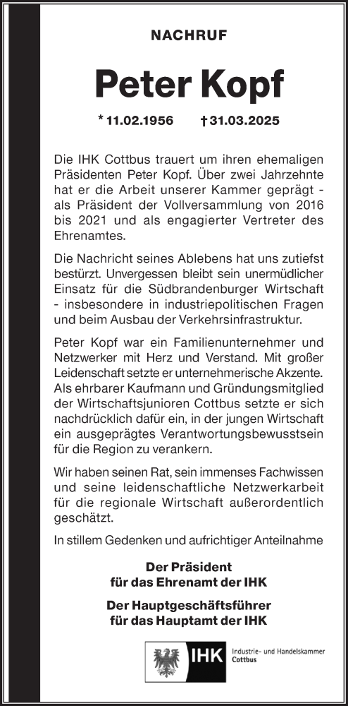 Traueranzeige von Peter Kopf von Lausitzer Rundschau