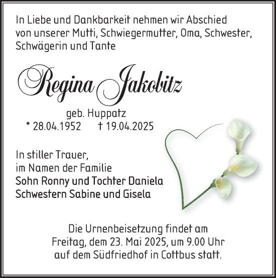Traueranzeige von Regina Jakobitz von Lausitzer Rundschau