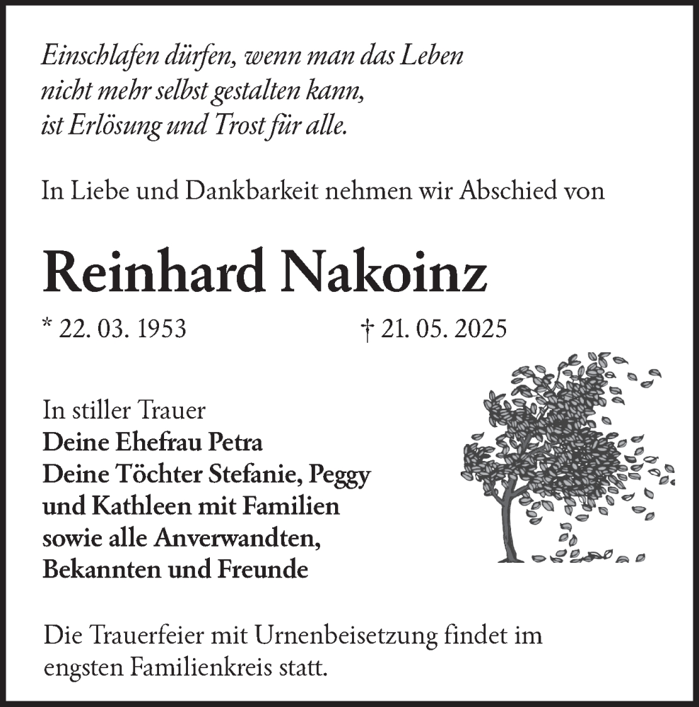  Traueranzeige für Reinhard Nakoinz vom 31.05.2025 aus Lausitzer Rundschau