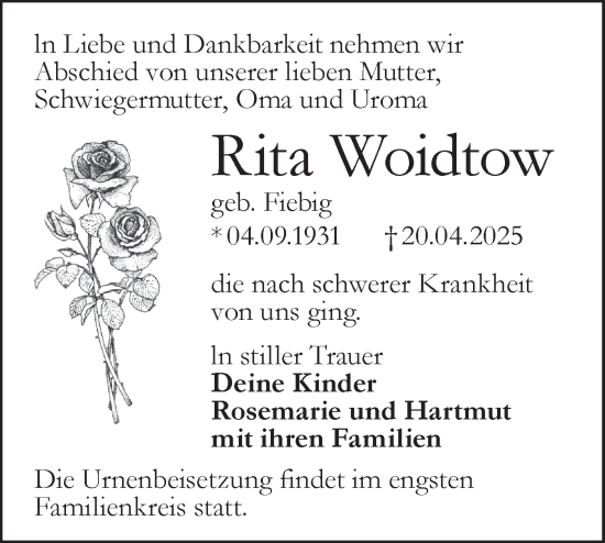 Traueranzeige von Rita Woidtow von Lausitzer Rundschau