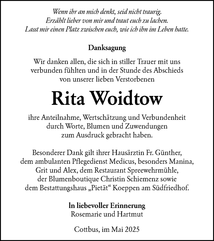  Traueranzeige für Rita Woidtow vom 31.05.2025 aus Lausitzer Rundschau